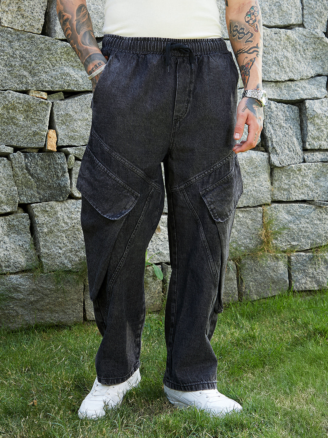 Dark-Wash Modular-Utility Denim Jeans