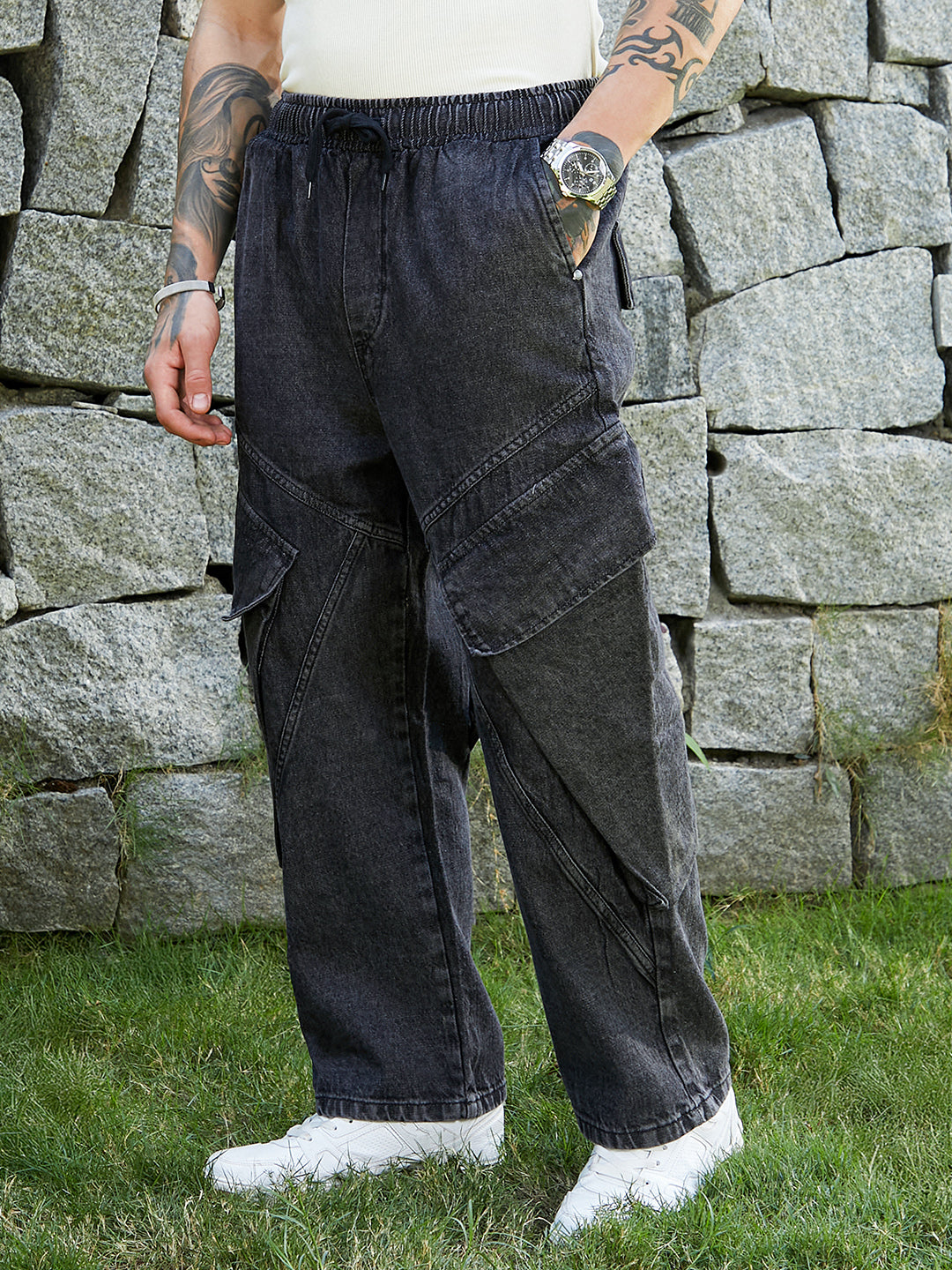 Dark-Wash Modular-Utility Denim Jeans