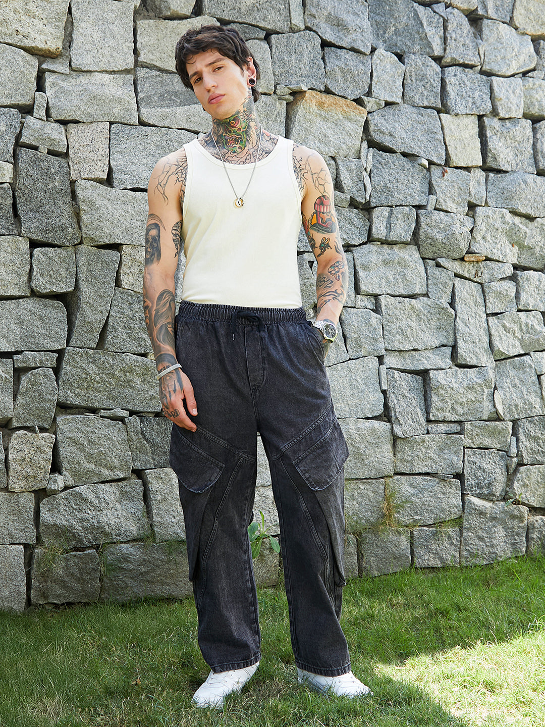 Dark-Wash Modular-Utility Denim Jeans