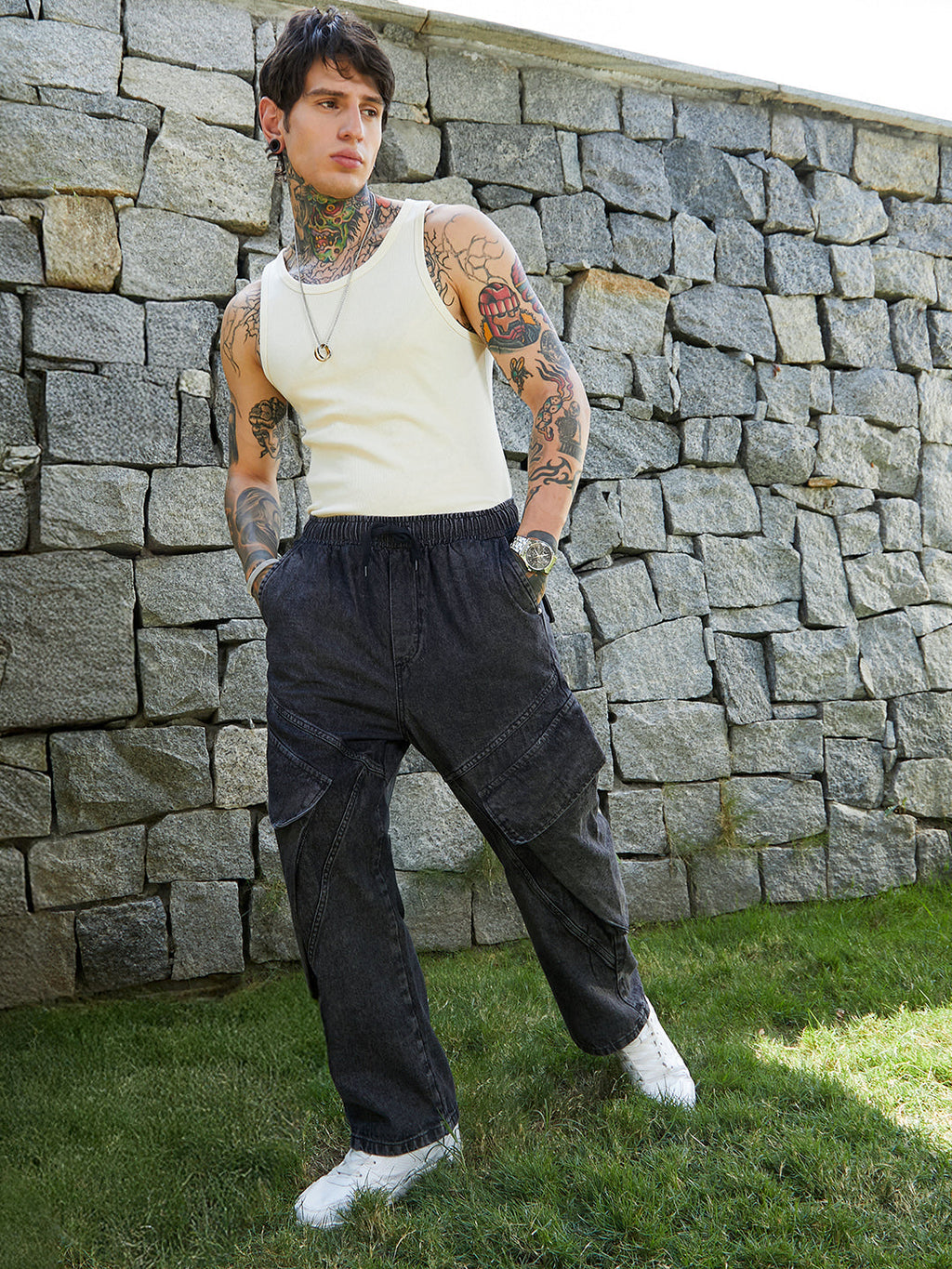 Dark-Wash Modular-Utility Denim Jeans