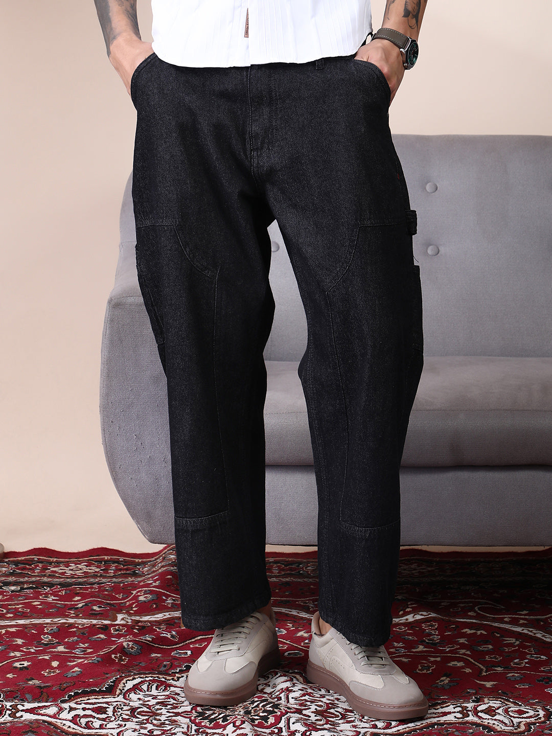 Patched Straight Denim Jeans