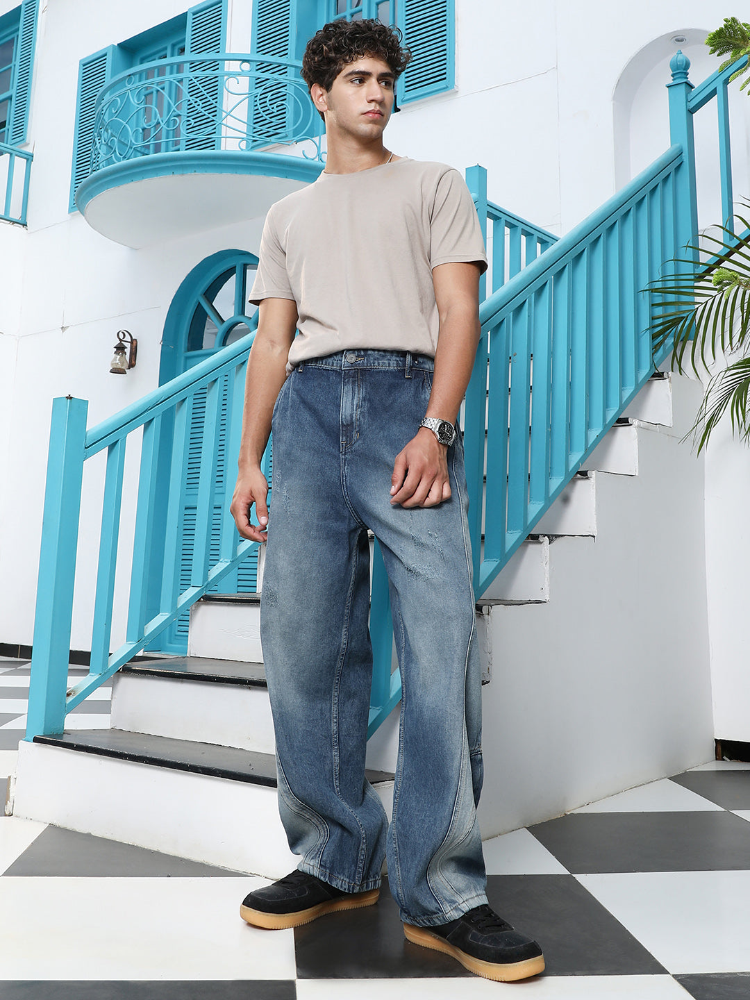 Light-Distressed Panelled Denim Jeans