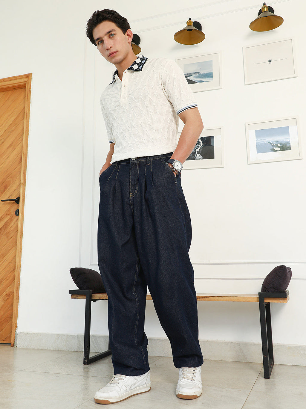 Dark-Wash Pleated Denim Jeans