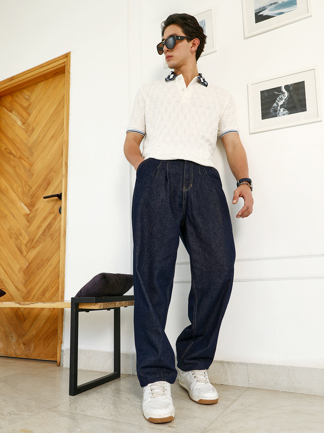 Dark-Wash Pleated Denim Jeans