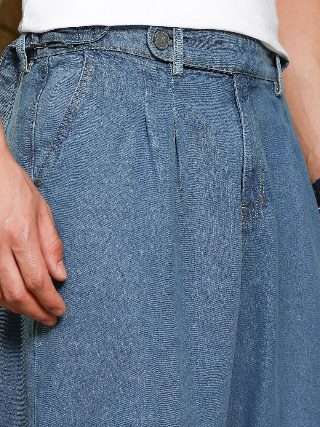 Indigo Blue Mid-Wash Pleated Denim Jeans