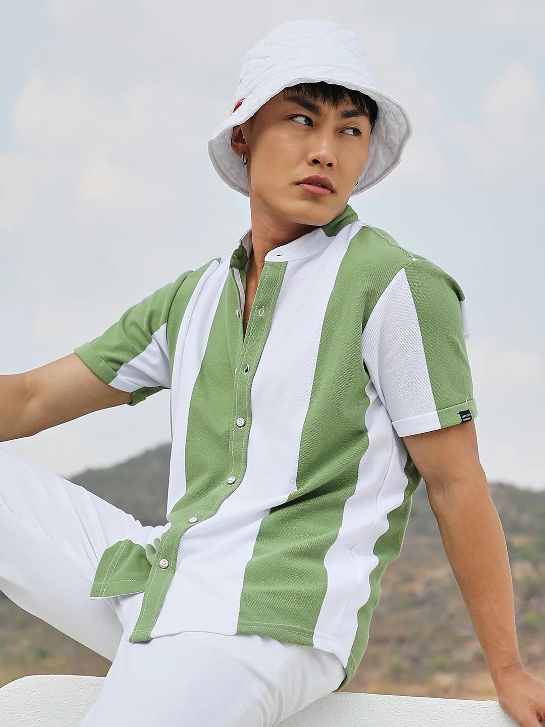 Striped Button Up Green And White Shirt