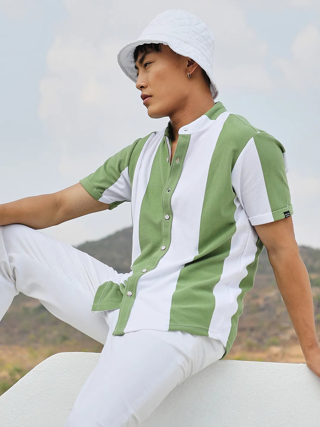 Striped Button Up Green And White Shirt