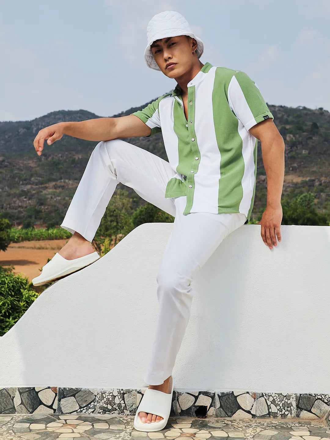 Striped Button Up Green And White Shirt