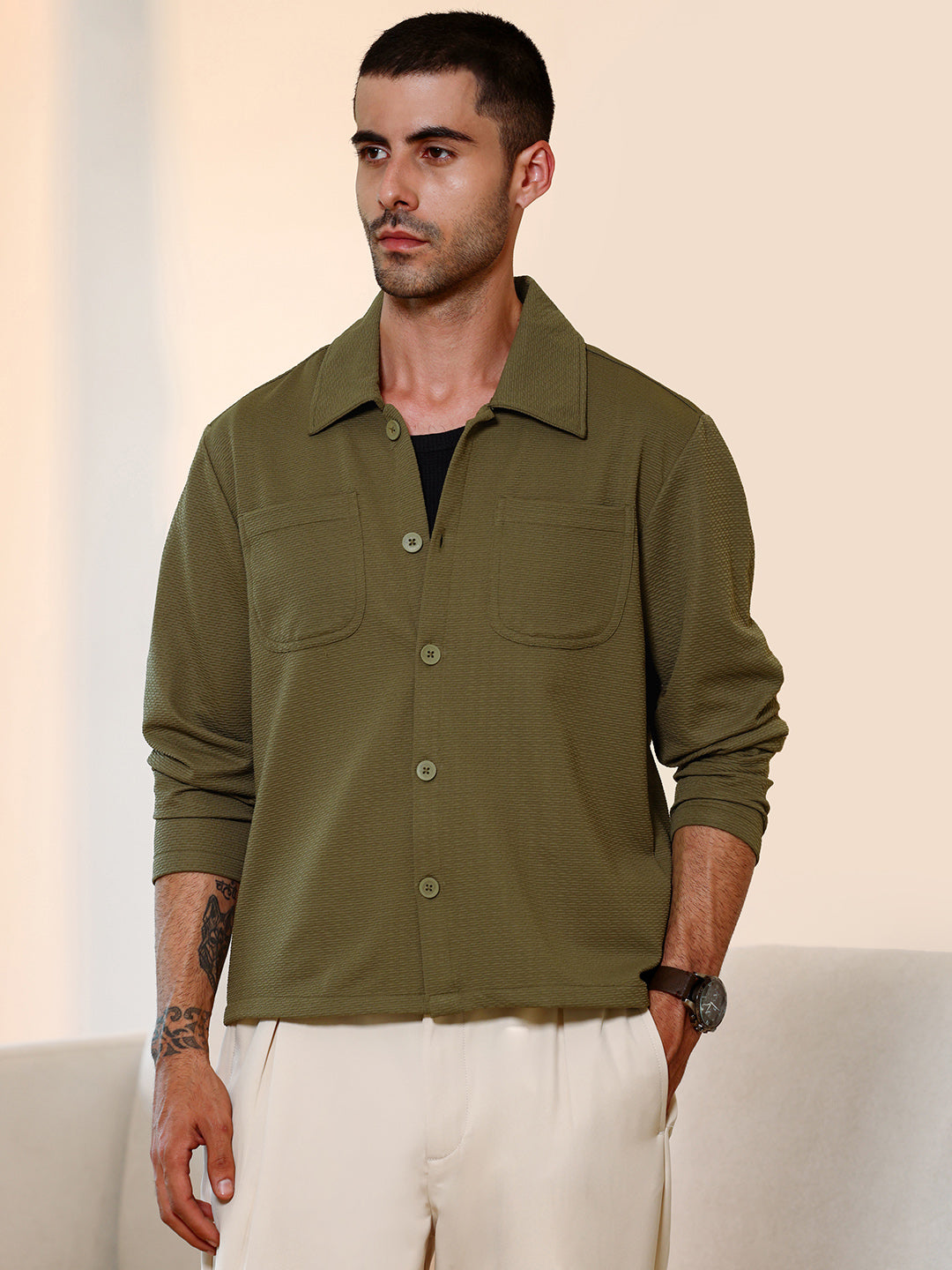 Olive Green Textured Knit Casual Shirt