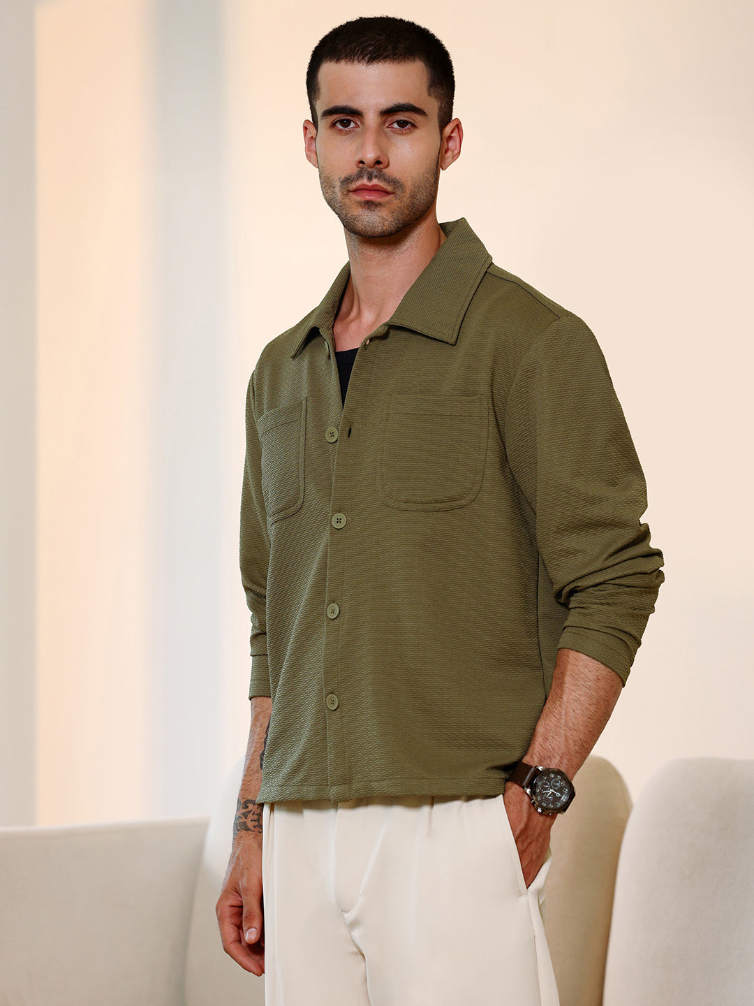 Olive Green Textured Knit Casual Shirt