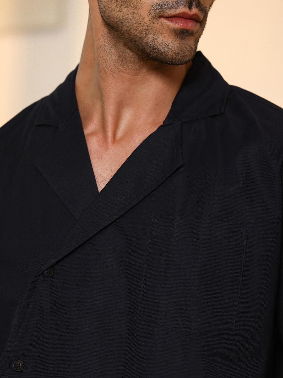 Asymmetrical Placket Cuban Collar Shirt