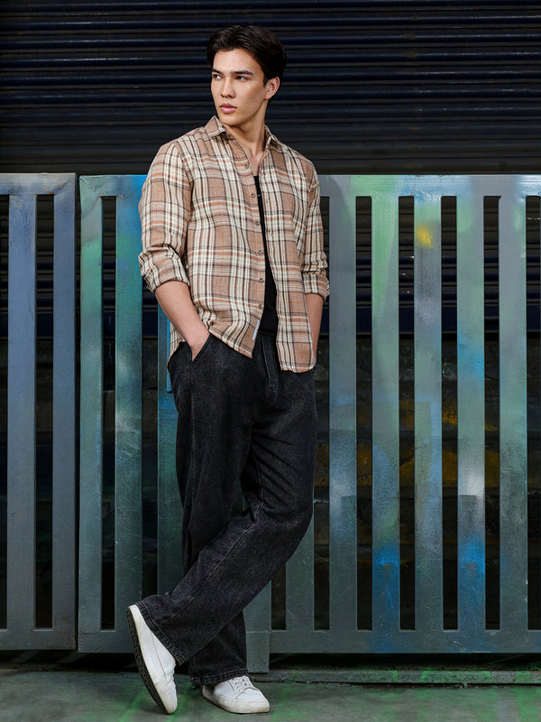 Men's Light Brown Tartan Check Shirt