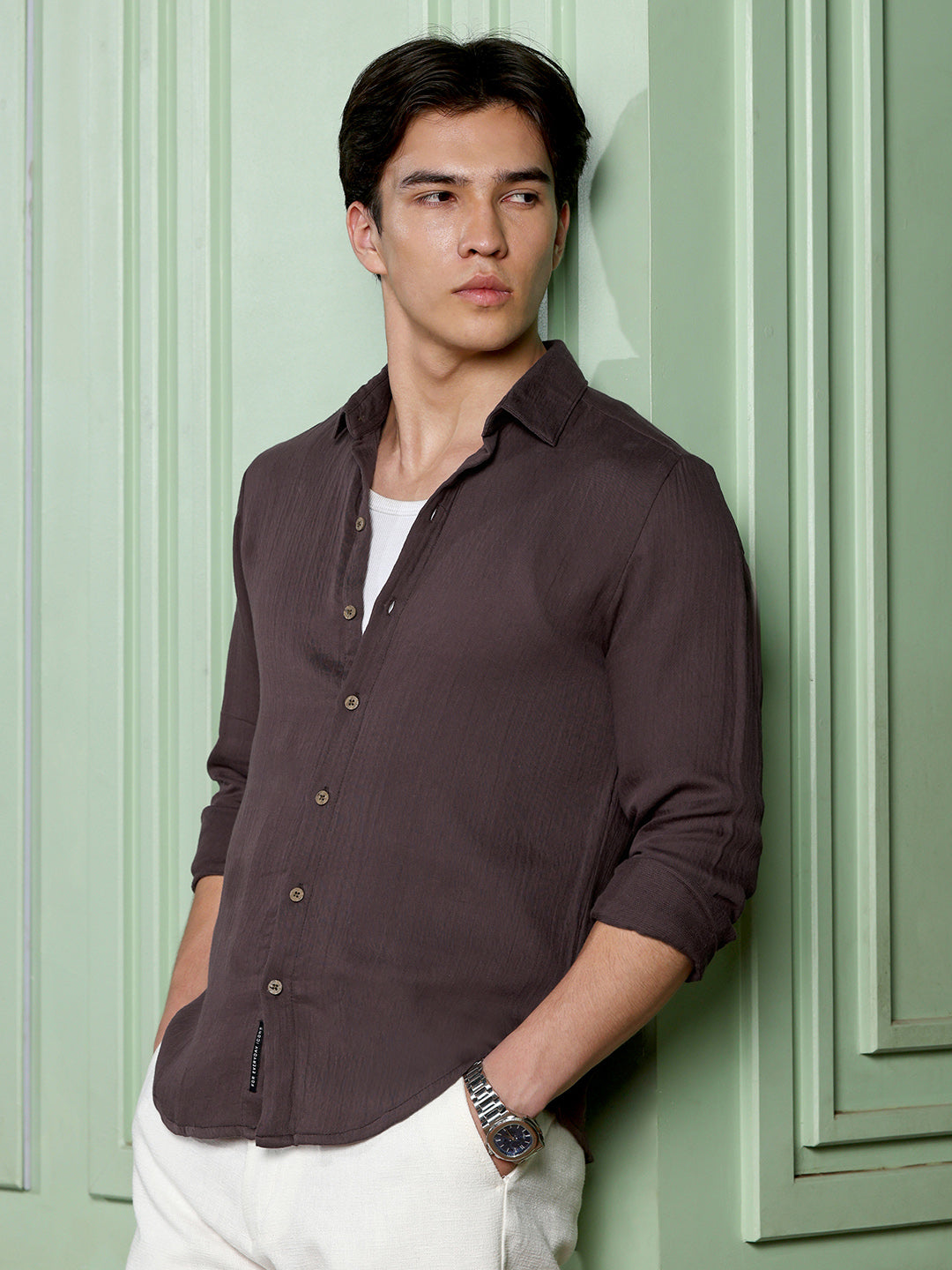 Men's Dark Brown Solid Shirt