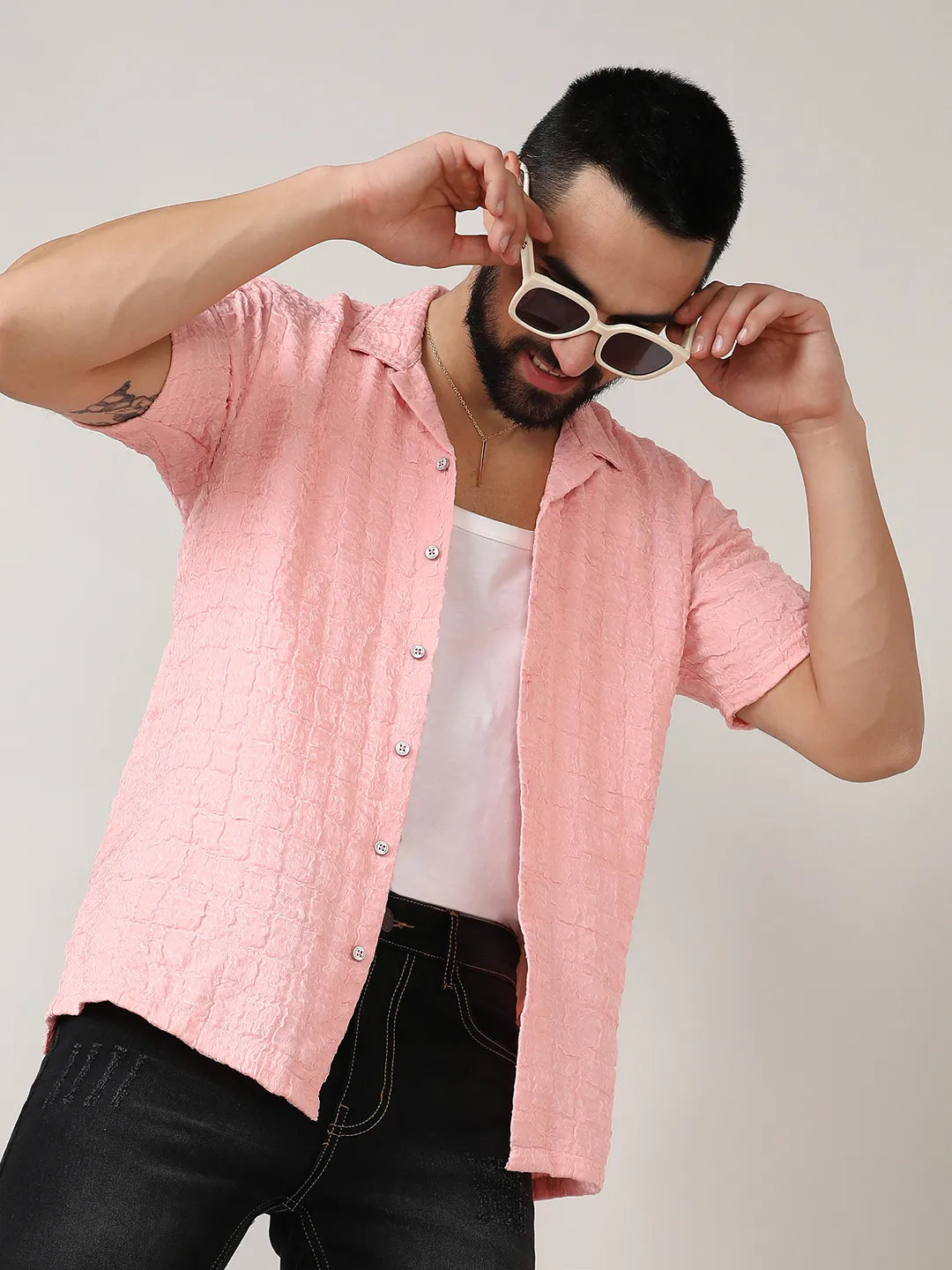 ₹899 | Campus Sutra men's Baby Pink Box-Creased Shirt - Campussutra ₹899 | Campus Sutra men's Baby Pink Box-Creased Shirt - Campussutra