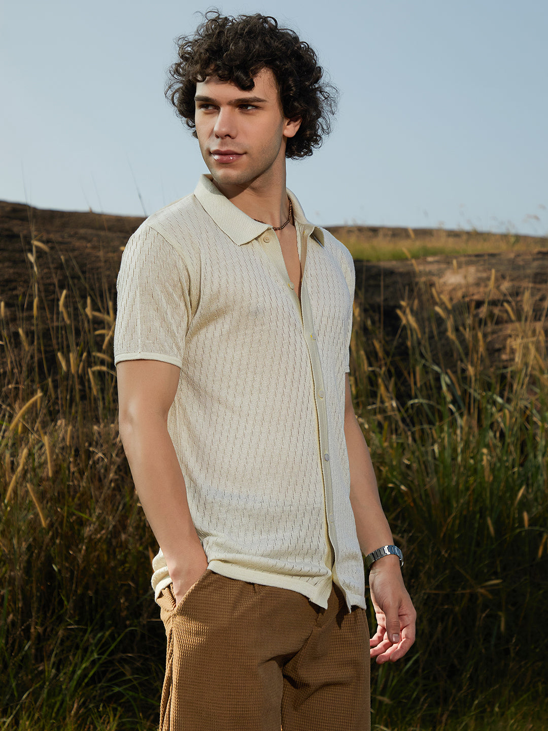 Rhombus-Knit Polo Shirt