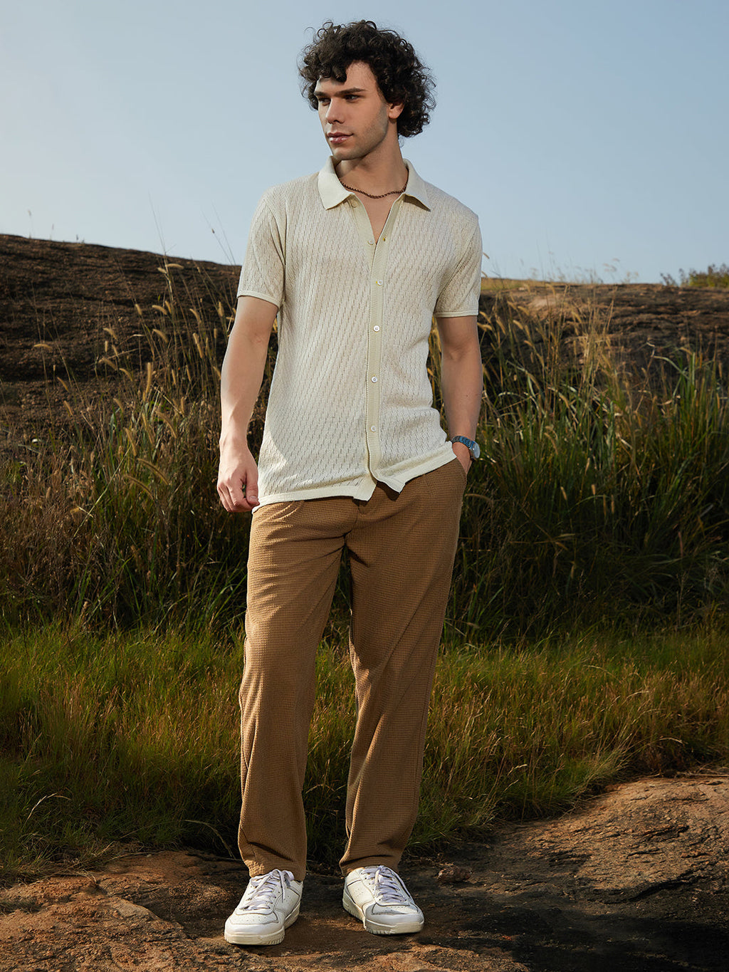 Rhombus-Knit Polo Shirt