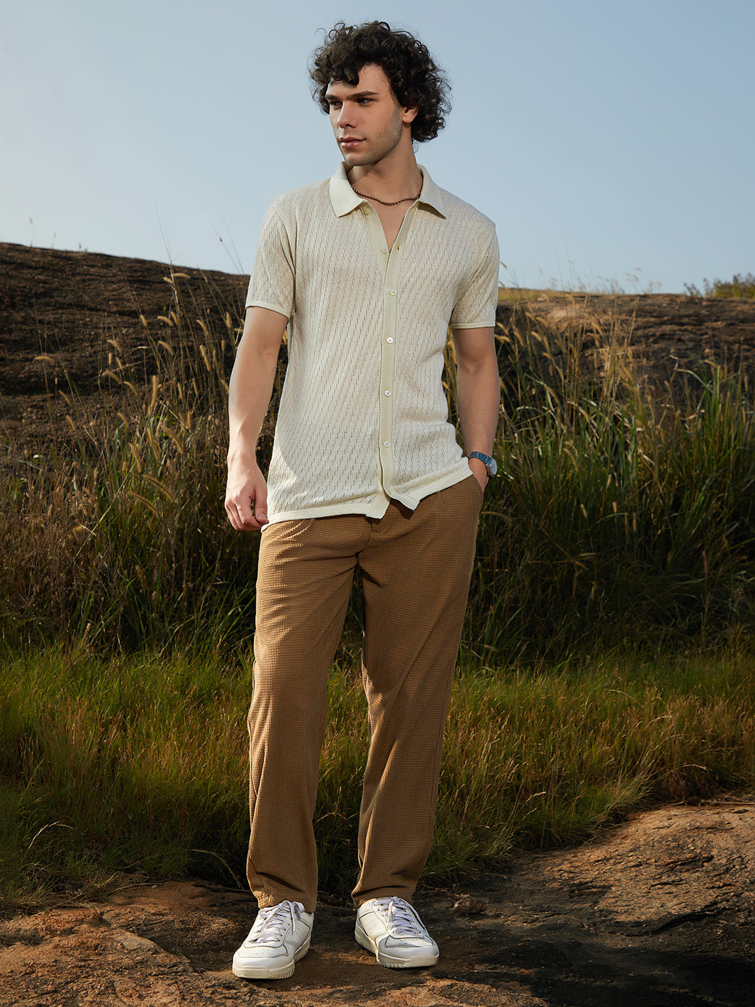 Rhombus-Knit Polo Shirt