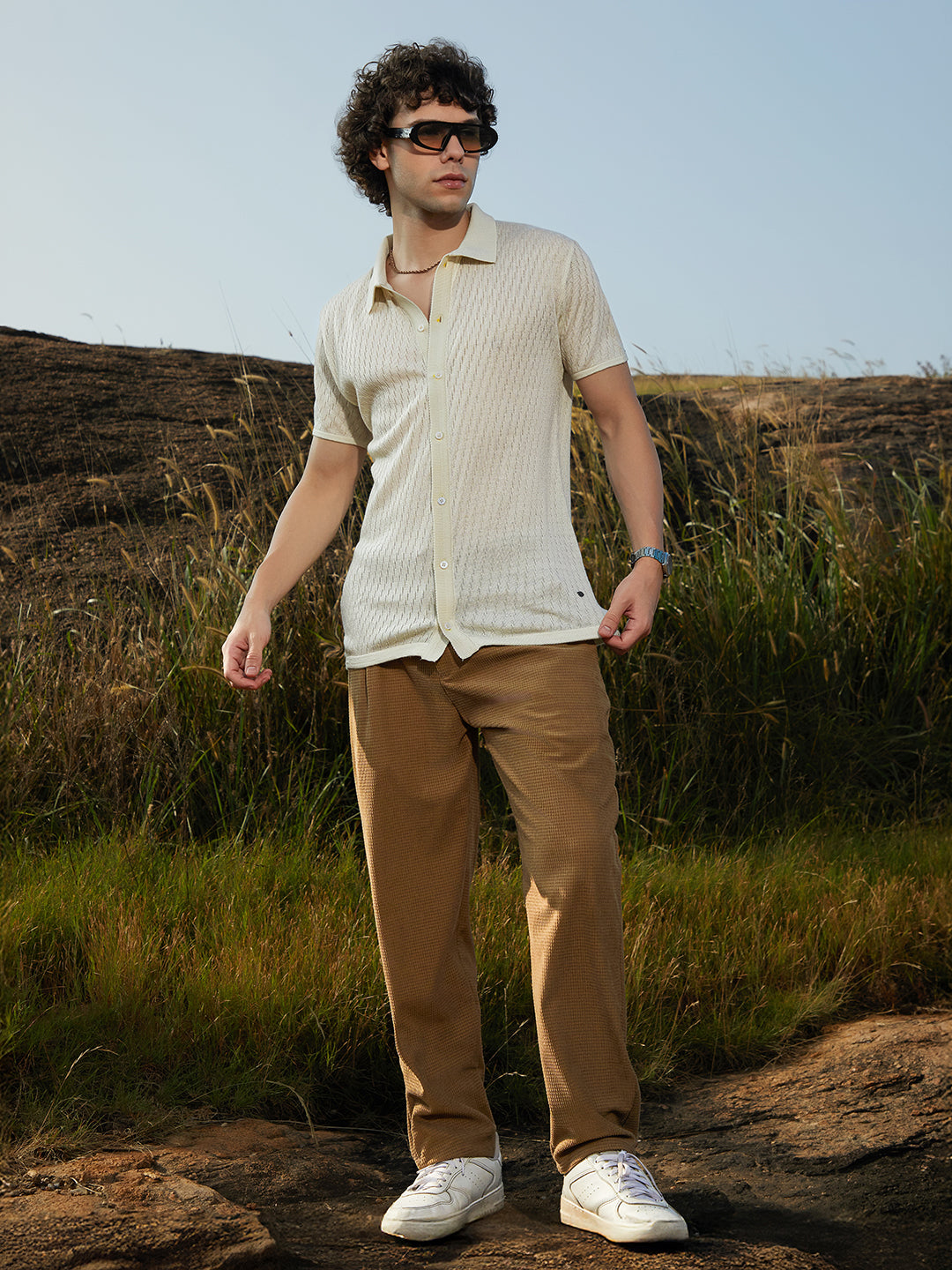 Rhombus-Knit Polo Shirt