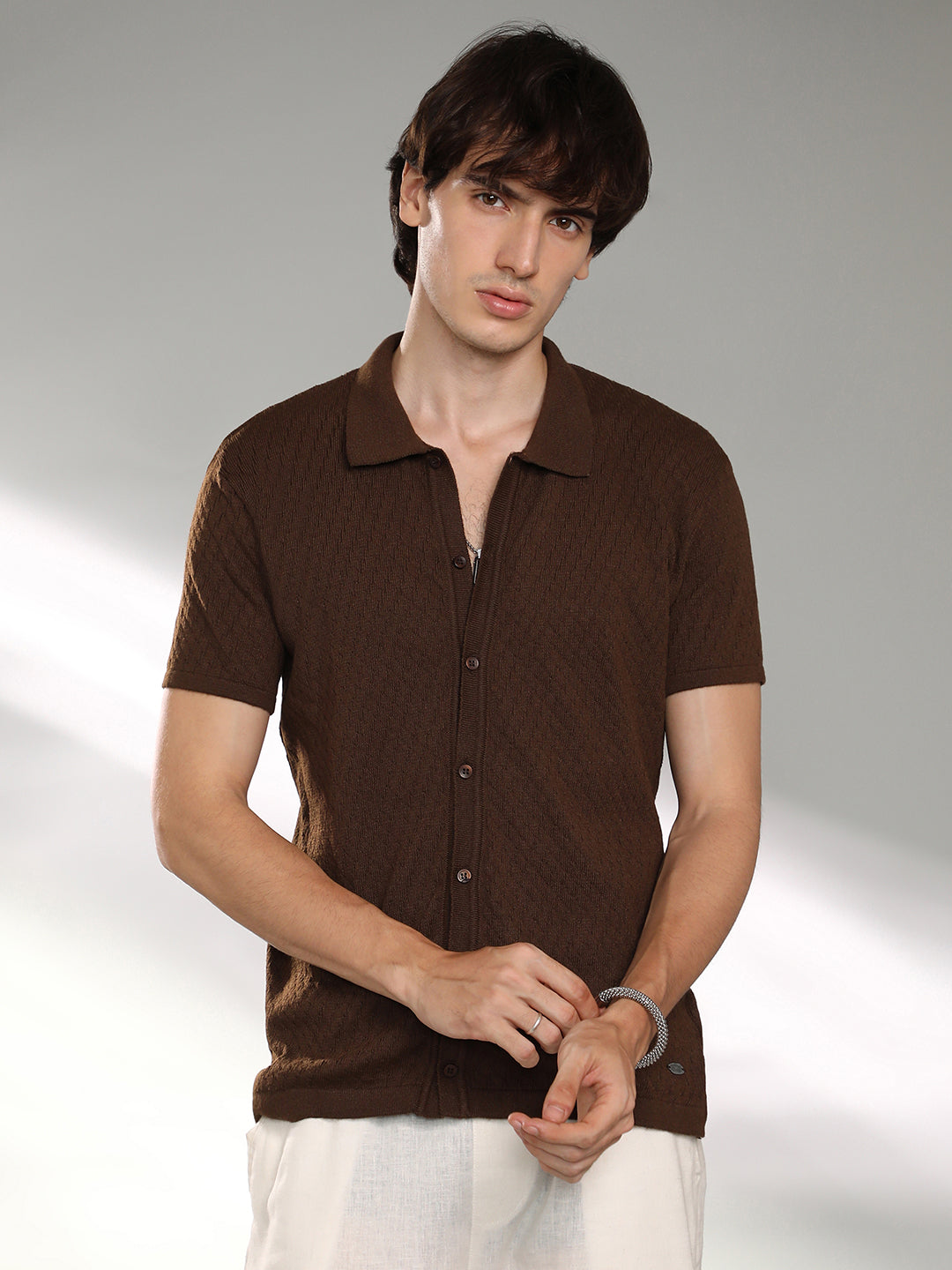 Rhombus-Textured Knit Shirt