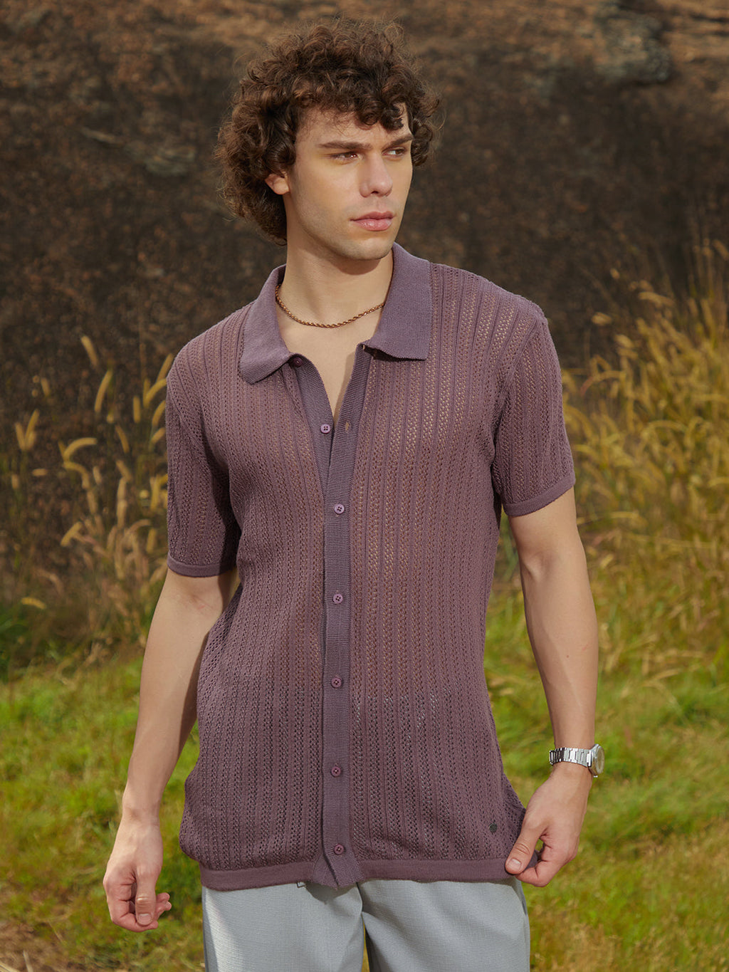 Stripe-Knit Polo Shirt