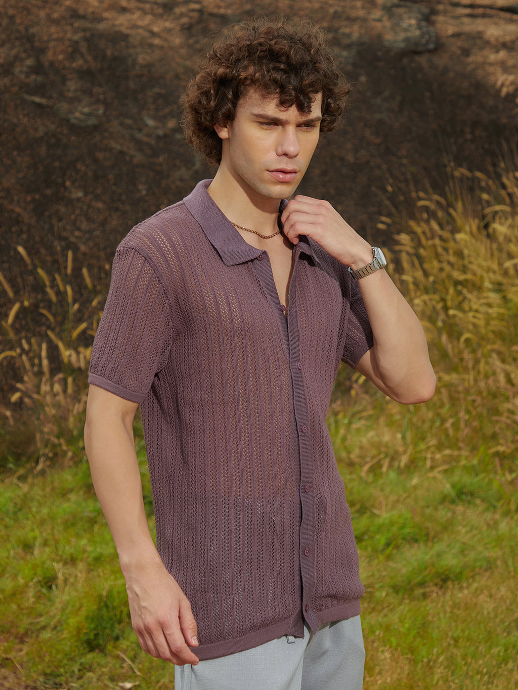 Stripe-Knit Polo Shirt