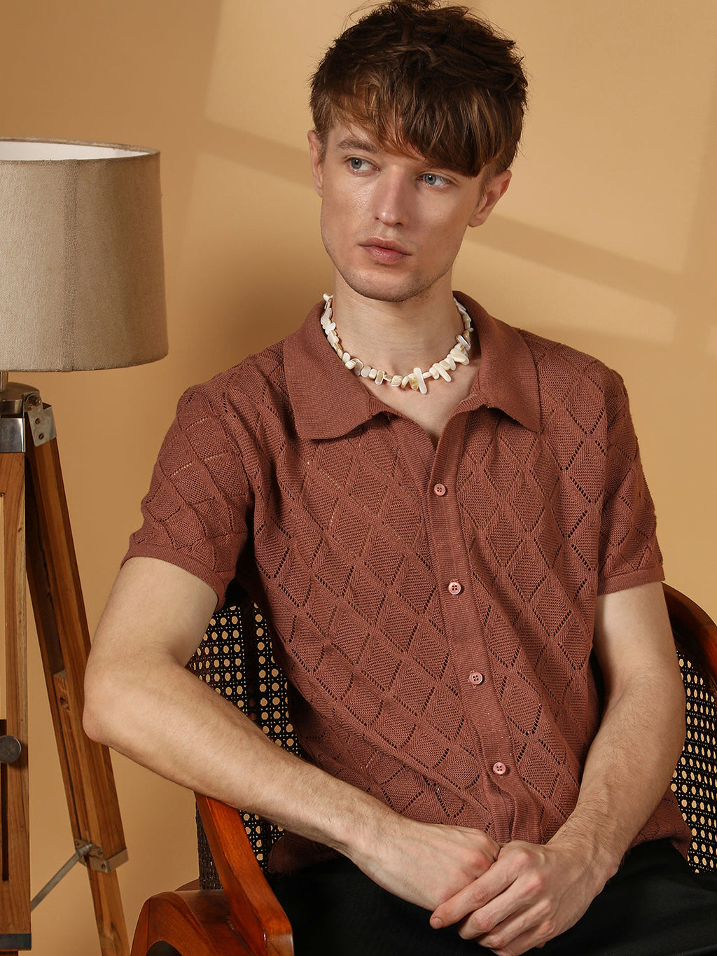 Rhombus-Knit Slim-Fit Shirt