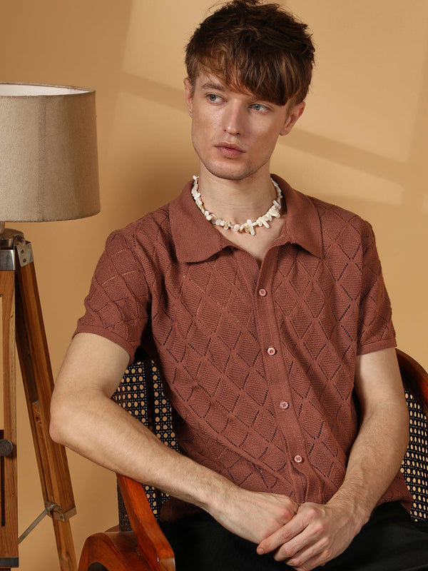 Rhombus-Knit Slim-Fit Shirt