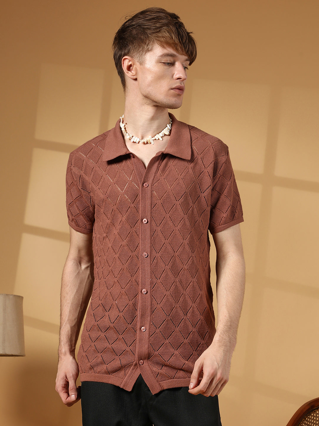 Rhombus-Knit Slim-Fit Shirt