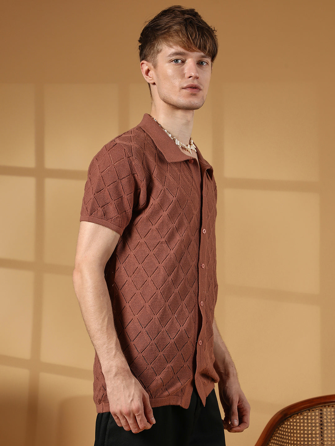 Rhombus-Knit Slim-Fit Shirt