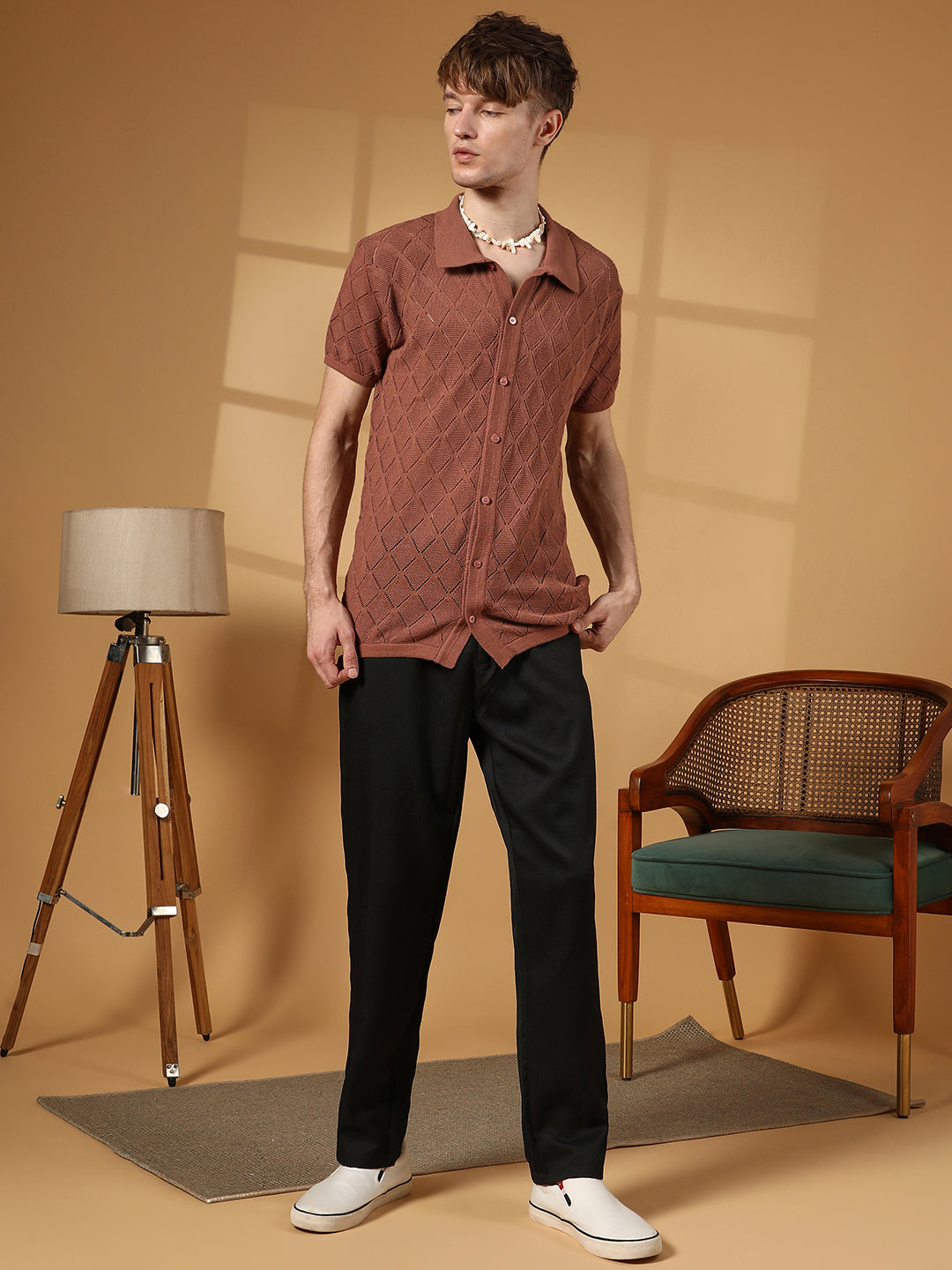 Rhombus-Knit Slim-Fit Shirt