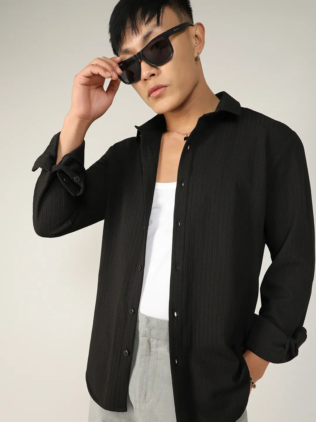 ₹999 | Campus Sutra men's Onyx Black Stripe-Creased Shirt