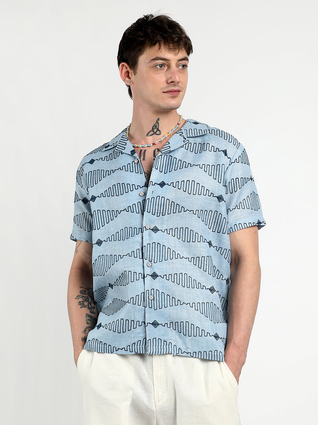 Embroidered Geometric-Lined Shirt