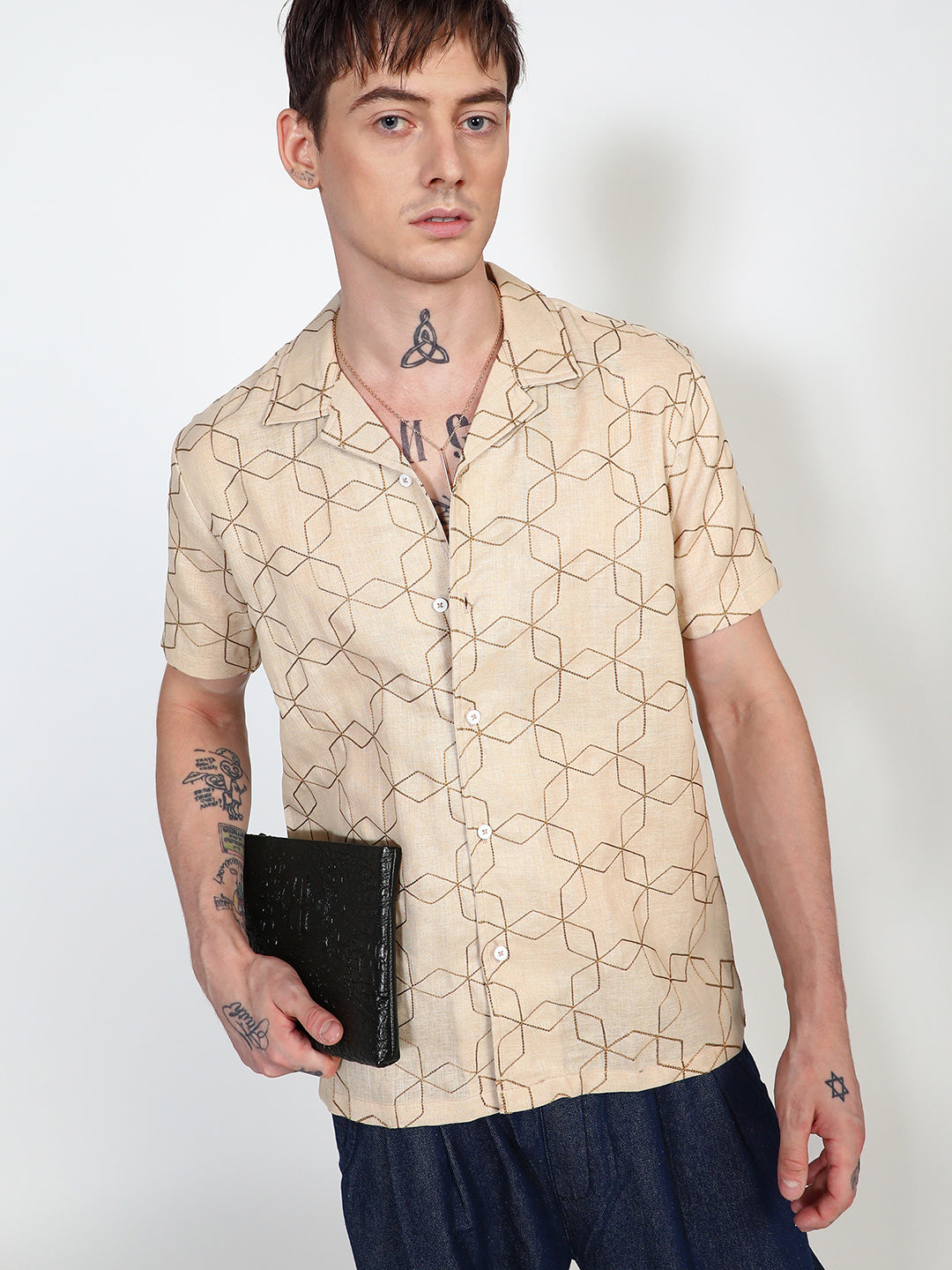 Embroidered Geometric-Lined Shirt