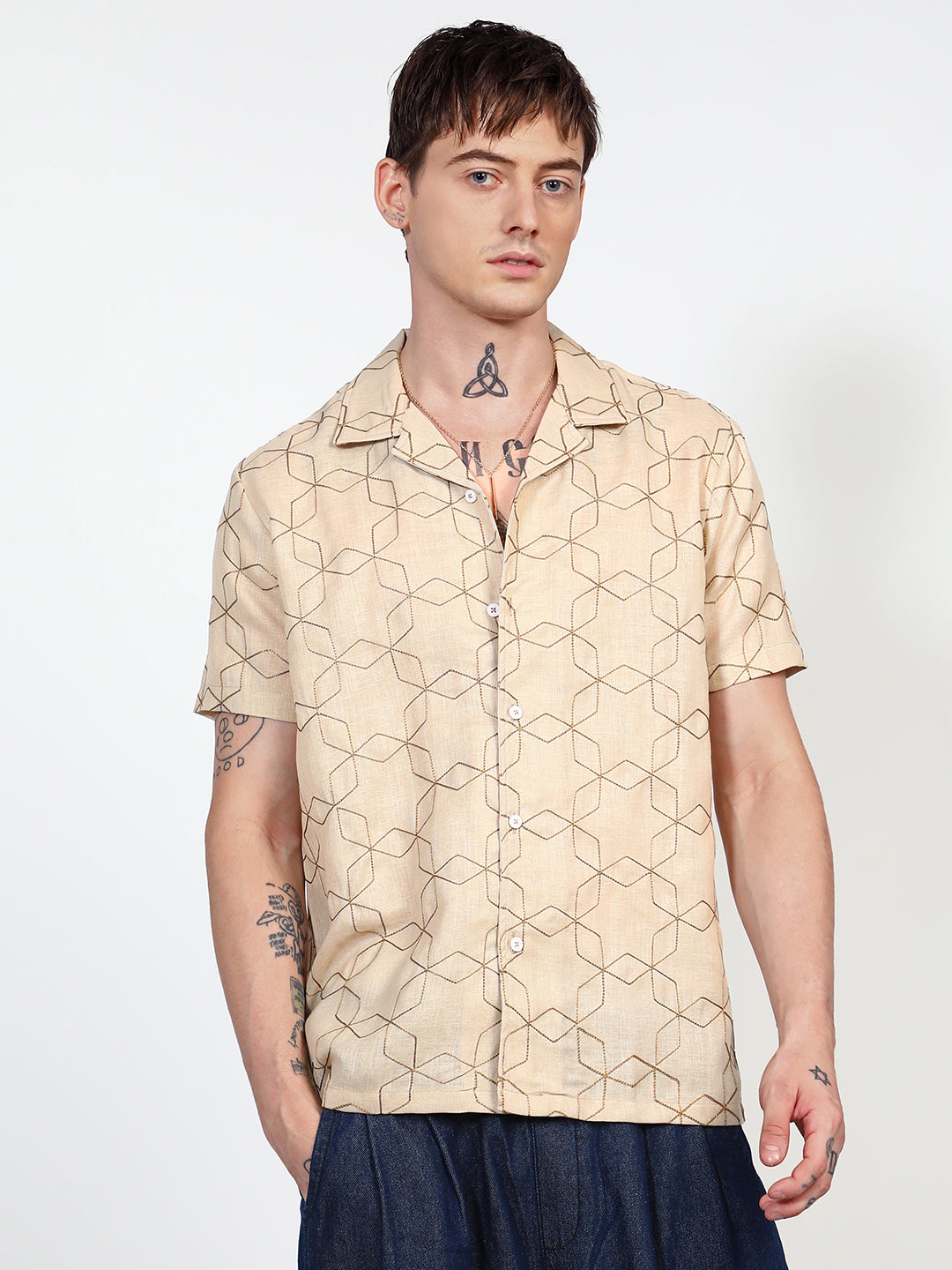 Embroidered Geometric-Lined Shirt