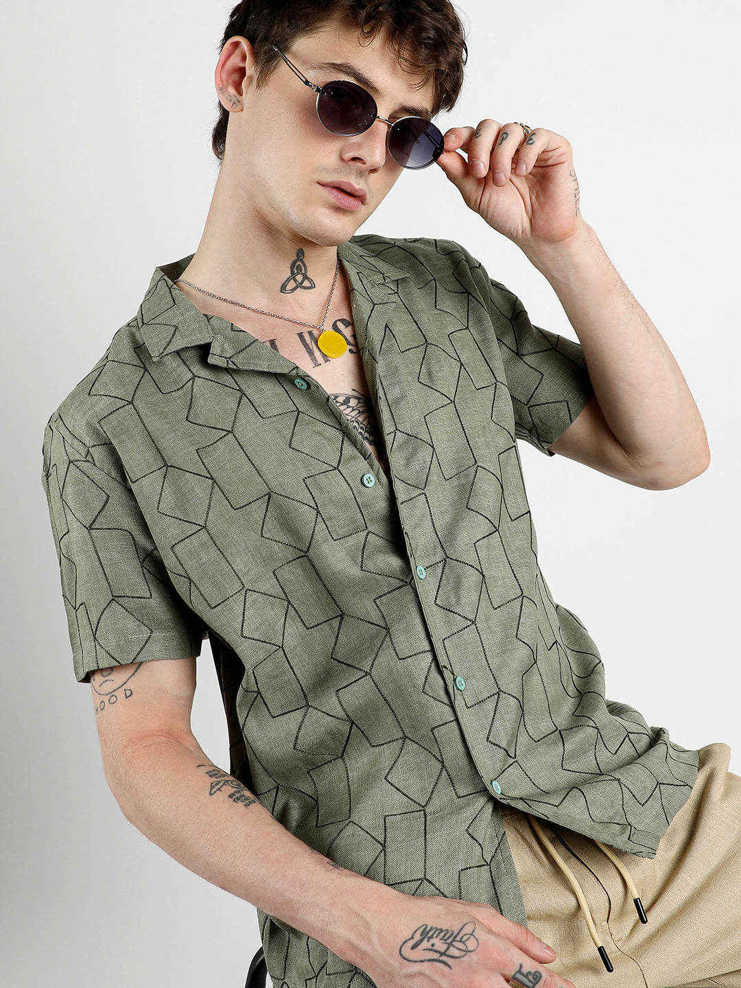 ₹797 Campus Sutra men's Olive Green Embroidered Geometric-Lined Shirt  Campussutra