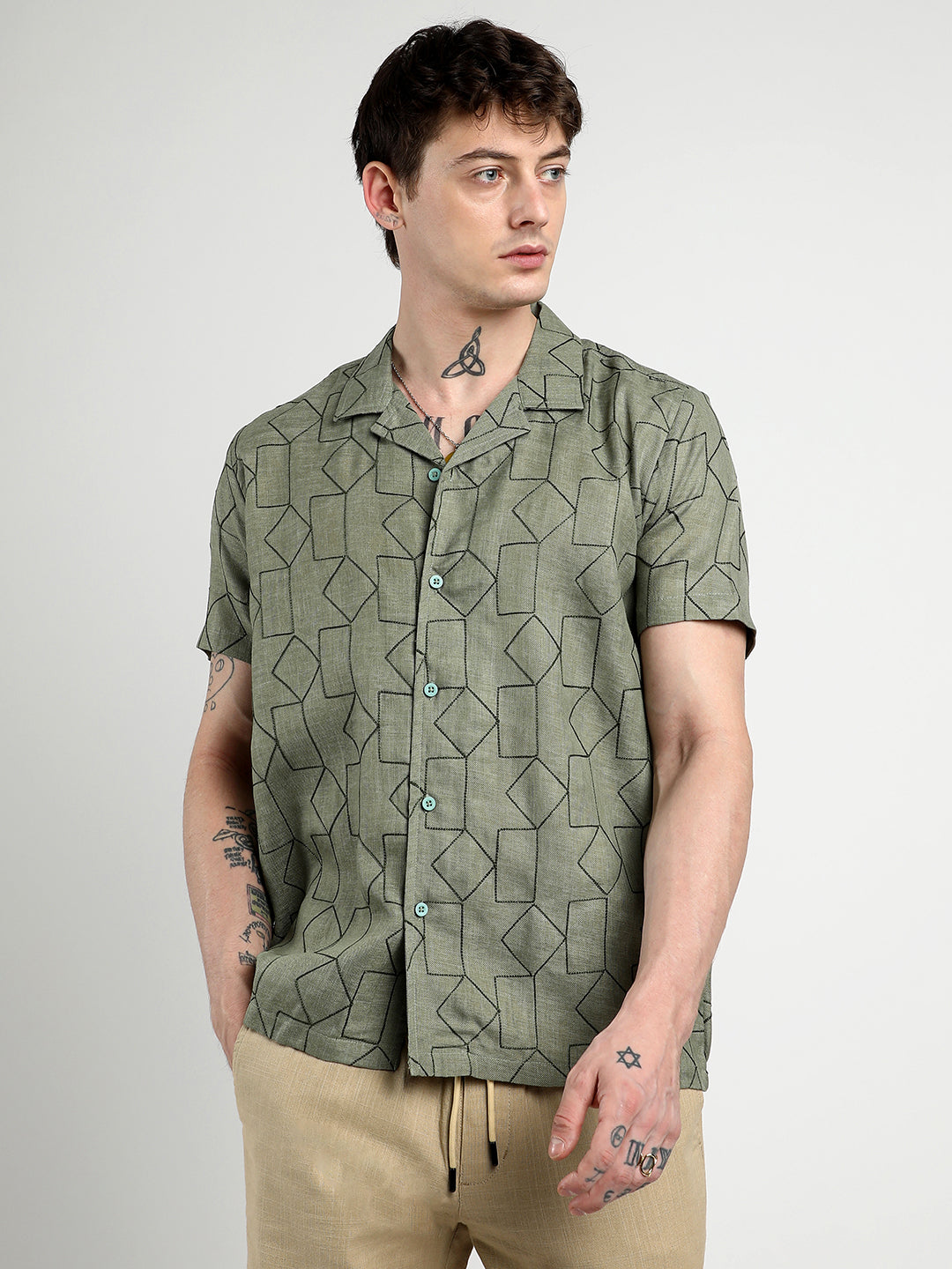 Embroidered Geometric-Lined Shirt