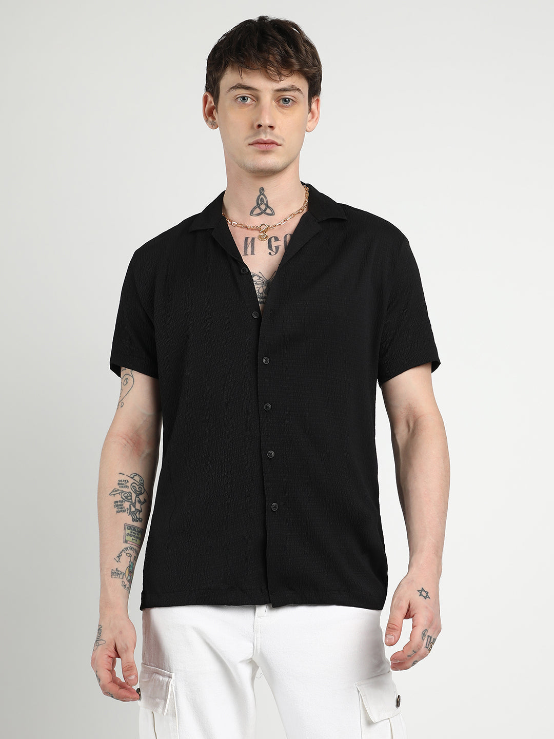 ₹899 | Campus Sutra men's Onyx Black Creased Shirt - Campussutra