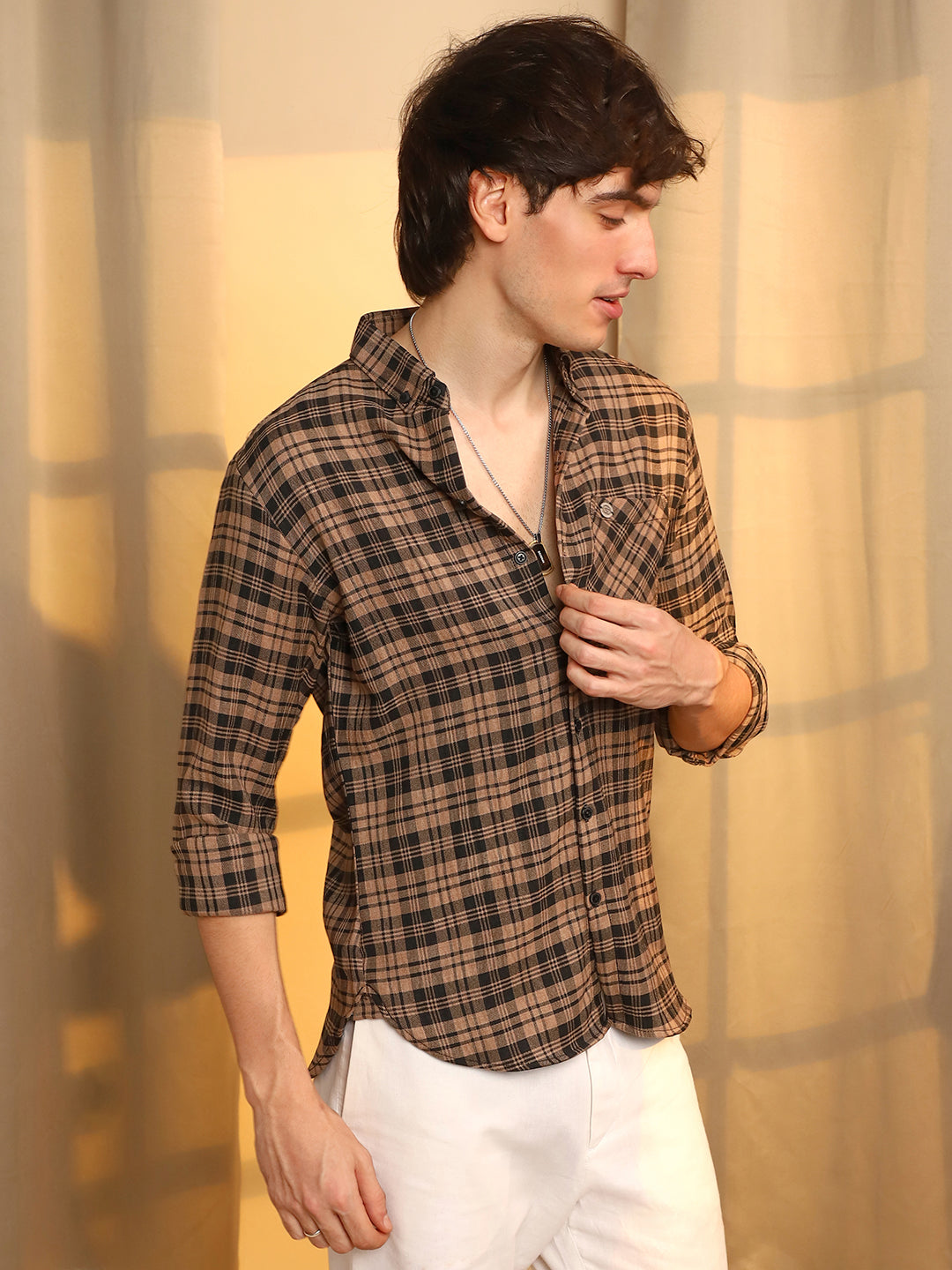 ₹854 Campus Sutra men's Tan Brown Charcoal Black Tartan Plaid