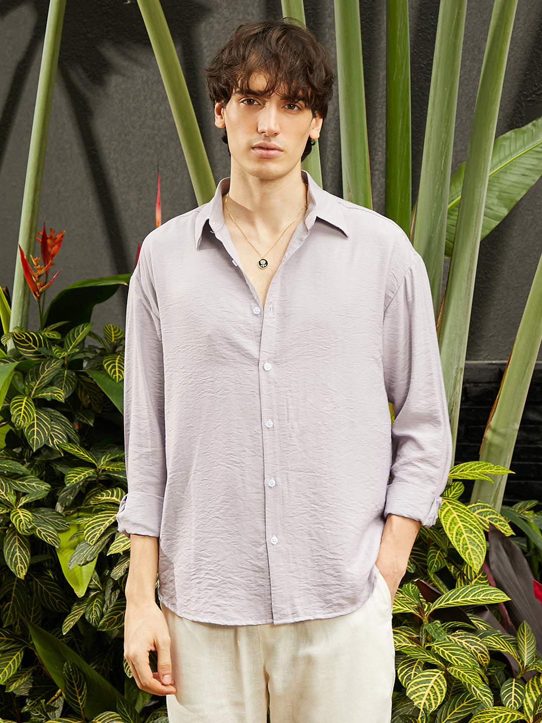 ₹854 | Campus Sutra men's Lilac Breezy Wrinked Shirt - Campussutra