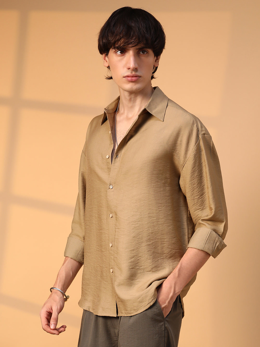 ₹899 | Campus Sutra men's Camel Beige Breezy Wrinked Shirt