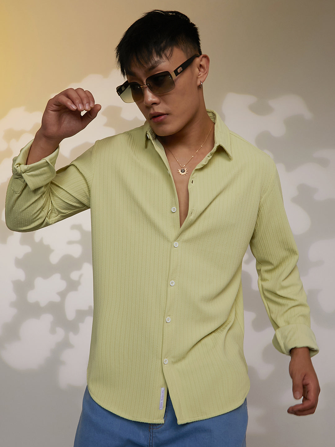 ₹899 | Campus Sutra men's Lime Green Stripe-Creased Shirt