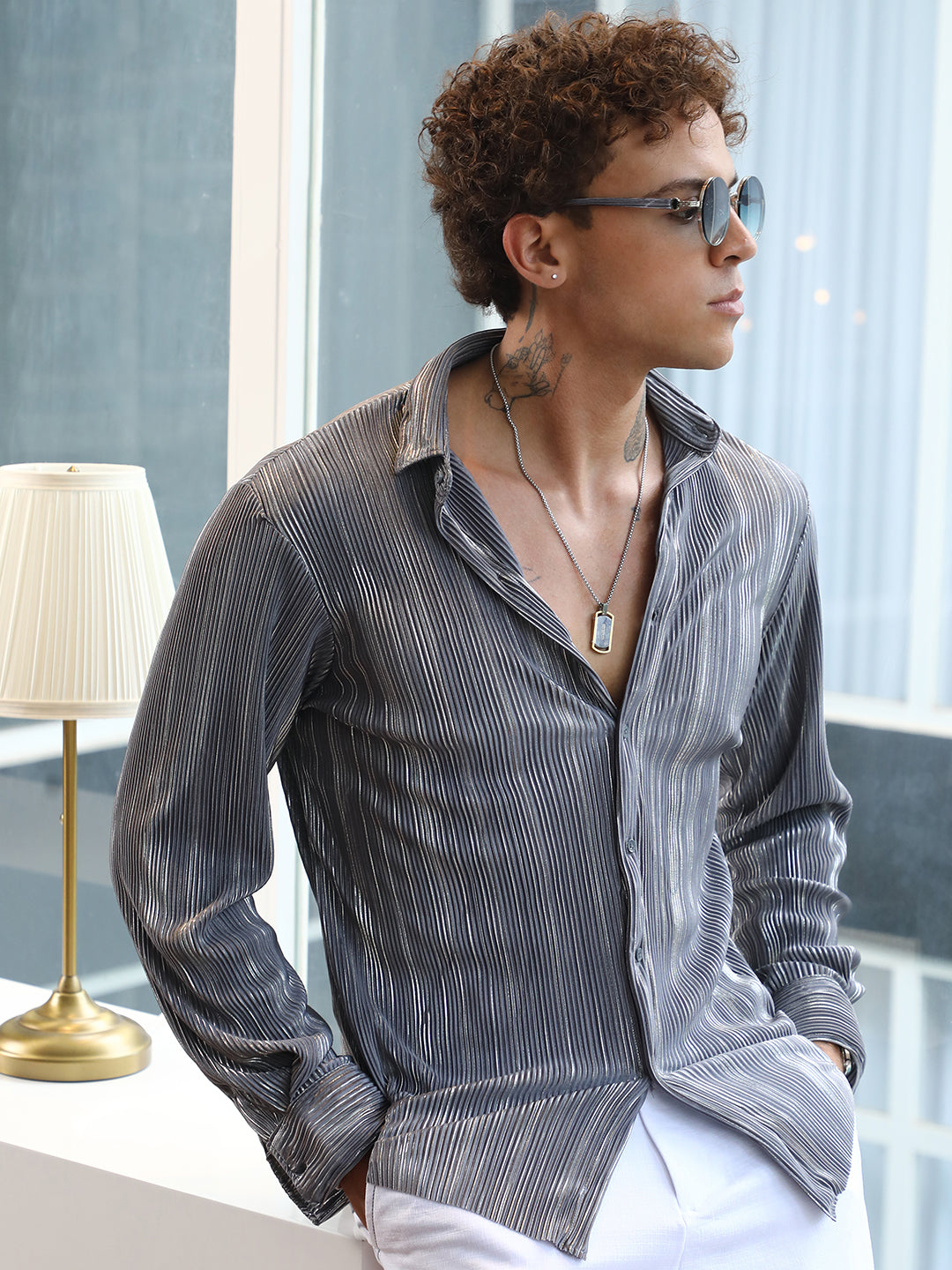 ₹854 | Campus Sutra men's Icy Blue & Metallic Silver Pleat