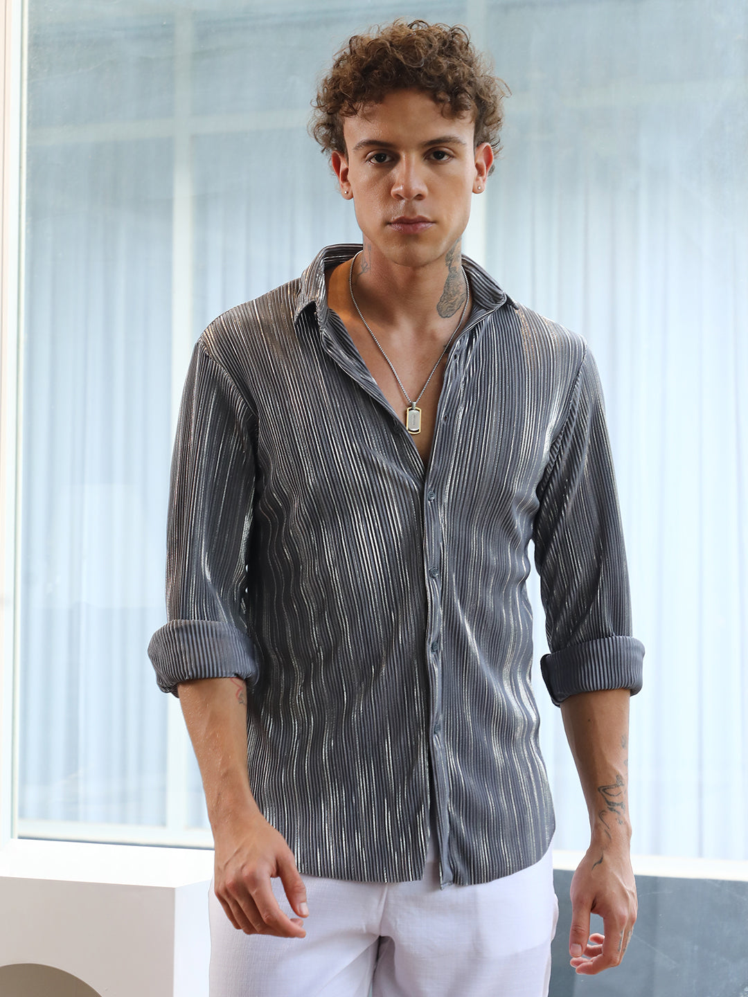 ₹854 | Campus Sutra men's Icy Blue & Metallic Silver Pleat