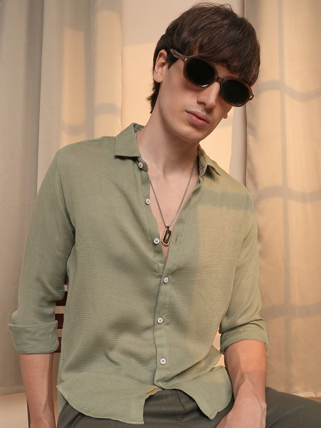 899 | Campus Sutra men's Sage Green Woven-Textured Shirt - Campussutra 899 | Campus Sutra men's Sage Green Woven-Textured Shirt - Campussutra