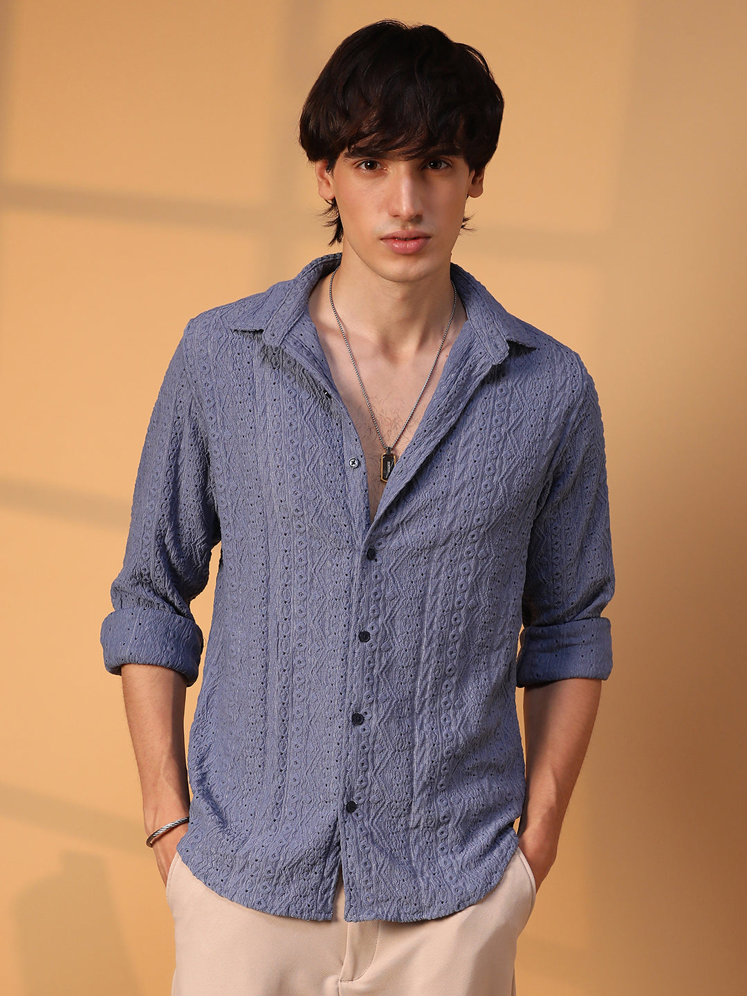 ₹899 | Campus Sutra men's Stone Blue Aztec-Textured Shirt