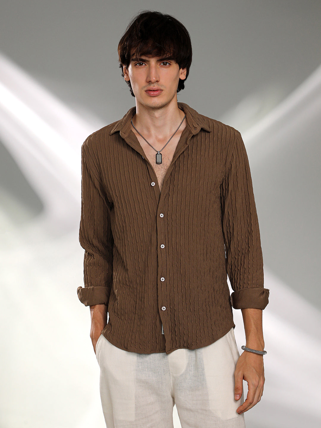 899 | Campus Sutra men's Chocolate Brown Crease-Stripe Textured Shirt - Campussutra 899 | Campus Sutra men's Chocolate Brown Crease-Stripe Textured Shirt - Campussutra