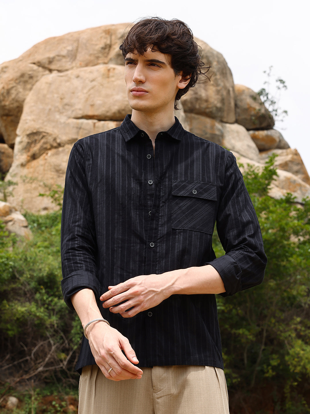 ₹899 | Campus Sutra men's Midnight Black Multitrack-Striped Shirt