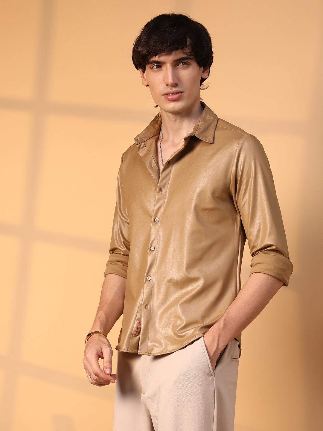₹899 | Campus Sutra men's Camel Brown Solid Suede Shirt - Campussutra