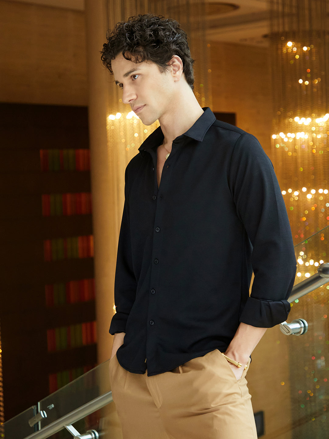 ₹899 | Campus Sutra men's Midnight Black Waffle-Textured Shirt