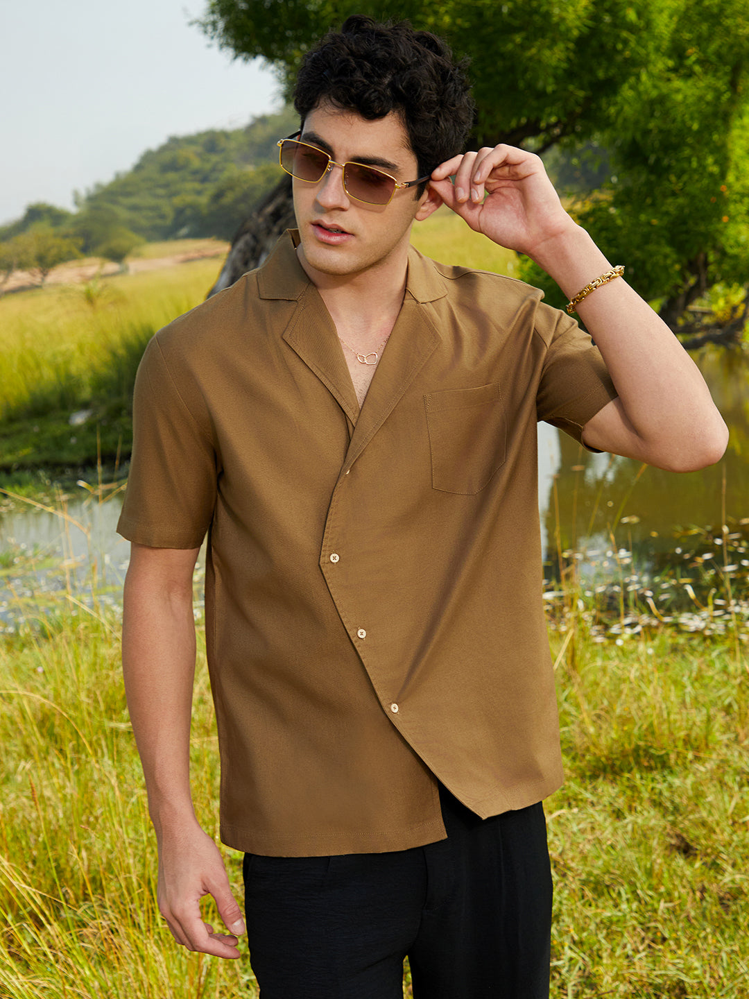899 | Campus Sutra men's Camel Brown Asymmetrical Cuban Shirt - Campussutra 899 | Campus Sutra men's Camel Brown Asymmetrical Cuban Shirt - Campussutra